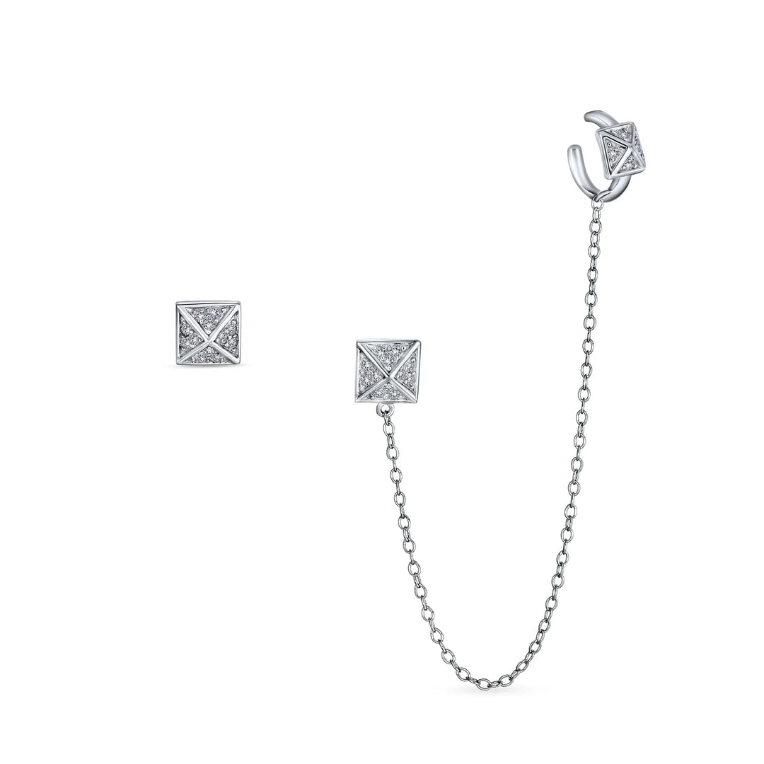 Geometric Pyramid Chain Ear Cuff Cartilage Wrap Earring Pave CZ