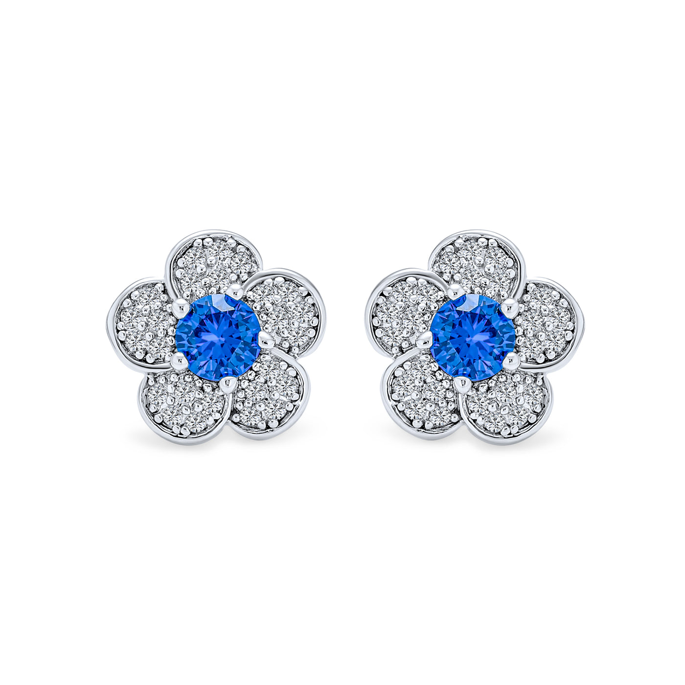 Flower Petals Pave CZ Stud Earrings Imitation Sapphire Silver Plated