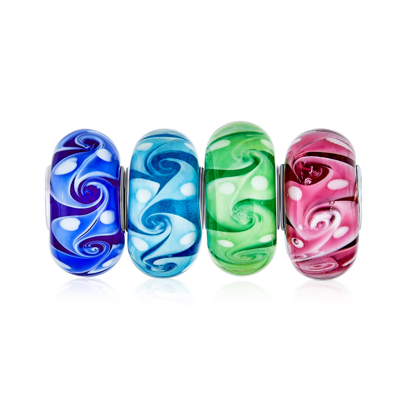 Ocean Wave Swirl Murano Glass Mix Set Of 4 Fit Charm Bracelet Silver