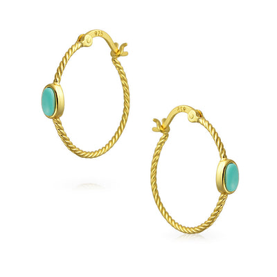 Cable Rope Hoop Western Earrings Turquoise Gold Plated Sterling Silver