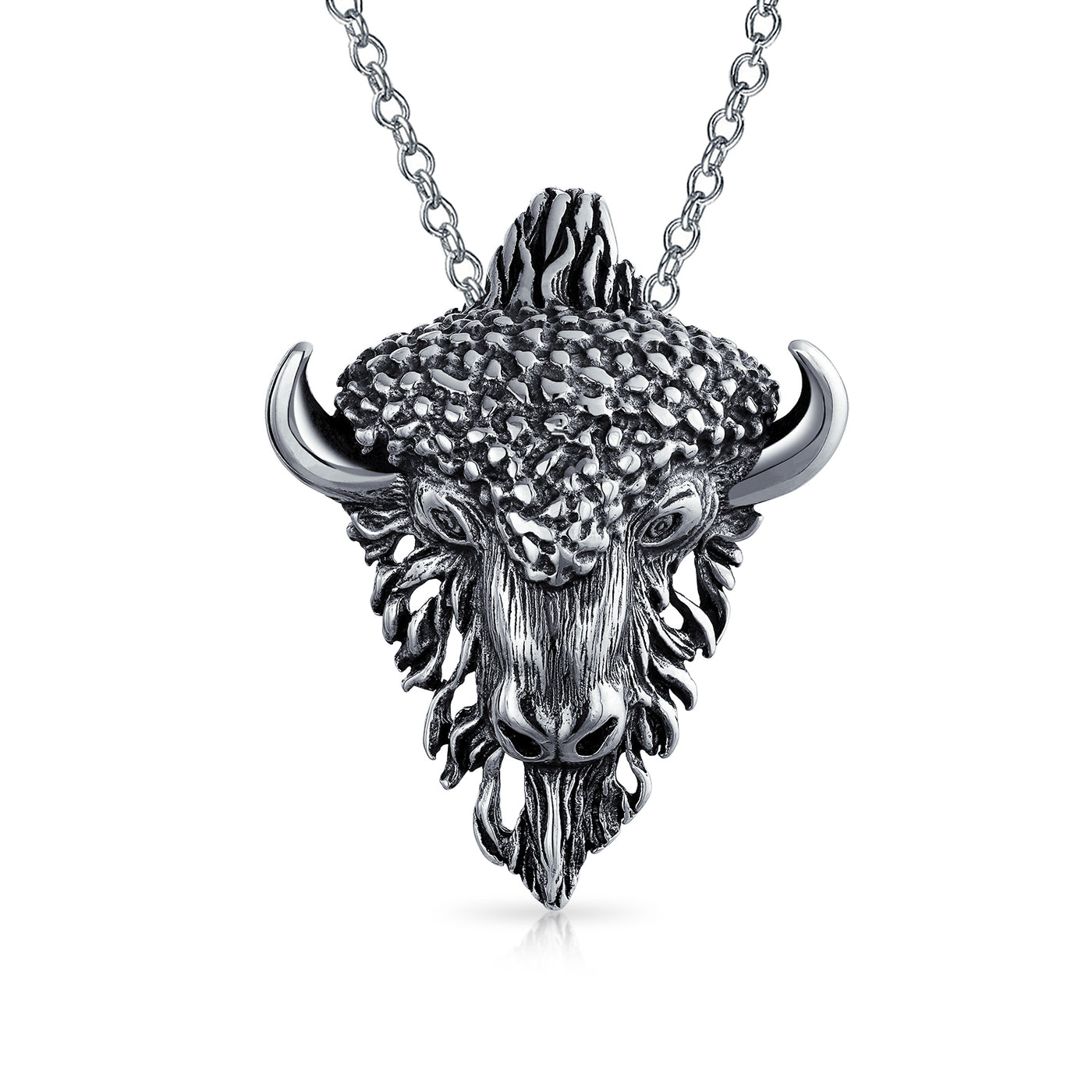 Animal Bull Head Pendant Necklace Antiqued .925 Sterling Silver