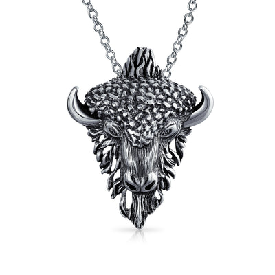 Animal Bull Head Pendant Necklace Antiqued .925 Sterling Silver