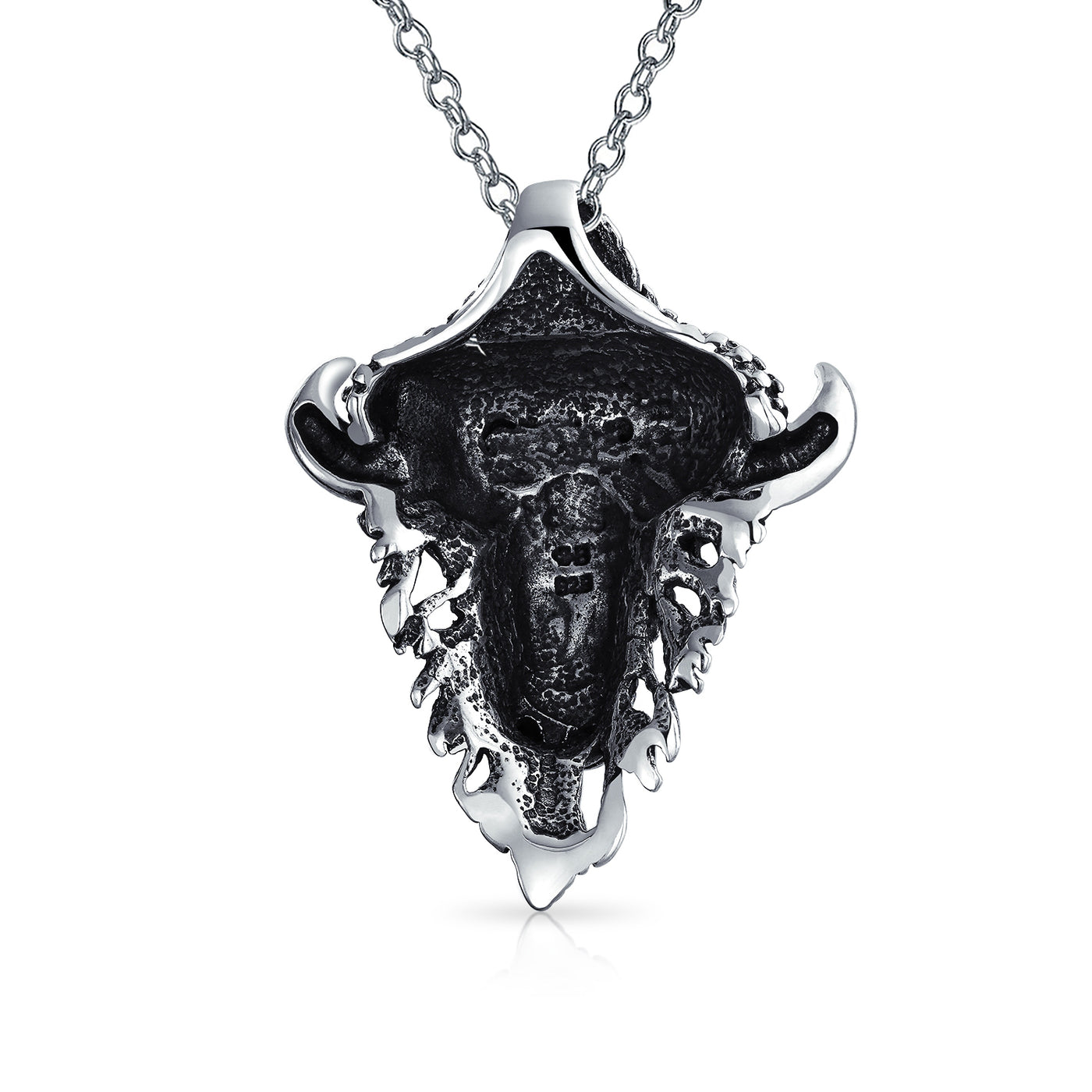 Animal Bull Head Pendant Necklace Antiqued .925 Sterling Silver