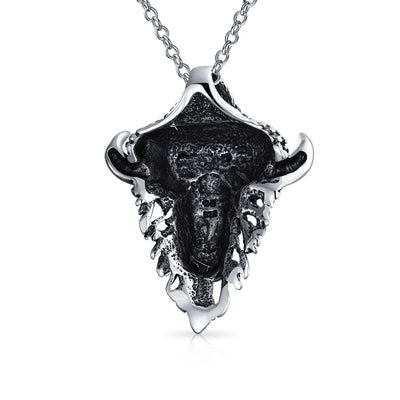 Animal Bull Head Pendant Necklace Antiqued .925 Sterling Silver