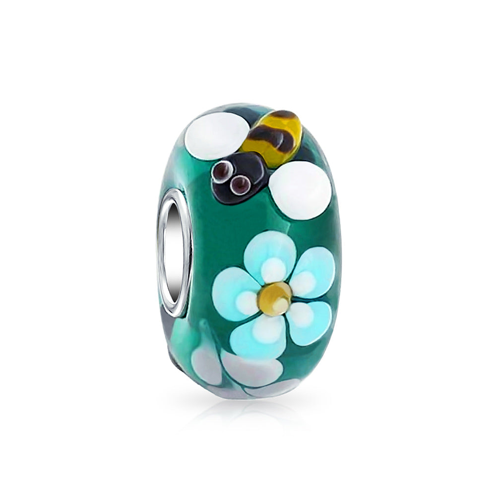 Teal Silver Bee Flower Murano Glass Charm Bead for European Bracelets