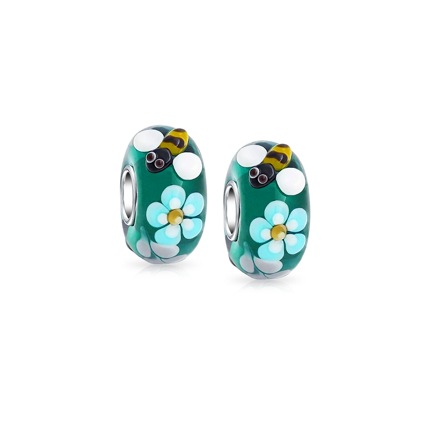 Teal Silver Bee Flower Murano Glass Charm Bead for European Bracelets