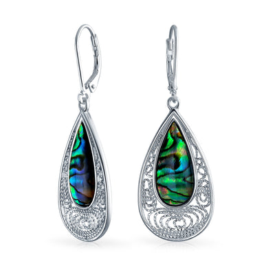 Set of 2 Butterfly Dragonfly & Filigree Teardrop Abalone Shell Dangle Earrings