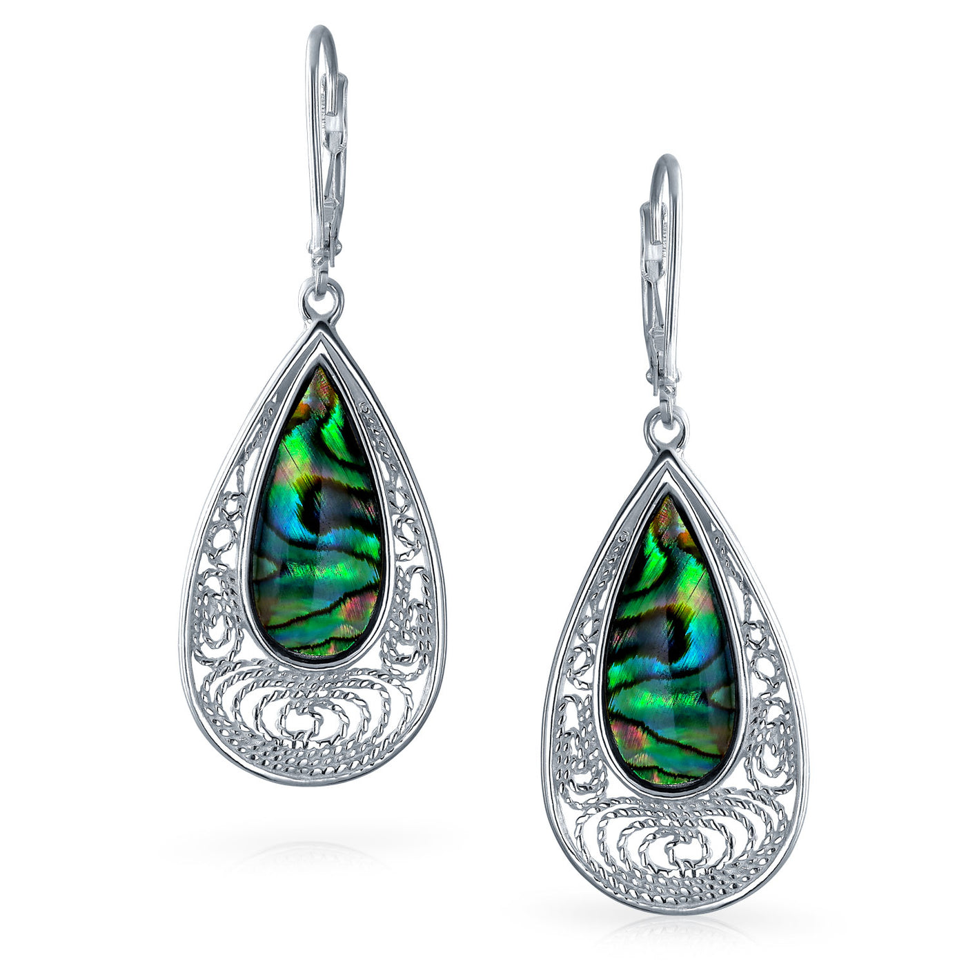 Set of 2 Butterfly Dragonfly & Filigree Teardrop Abalone Shell Dangle Earrings