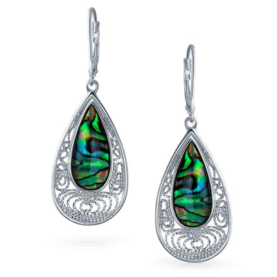 Set of 2 Butterfly Dragonfly & Filigree Teardrop Abalone Shell Dangle Earrings