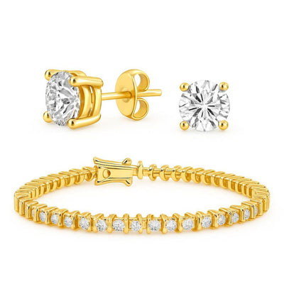 Round CZ Tennis Bracelet & Solitaire Stud Earrings Set Gold Plated Silver