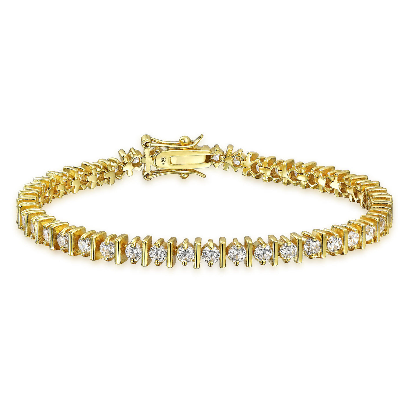 Round CZ Tennis Bracelet & Solitaire Stud Earrings Set Gold Plated Silver