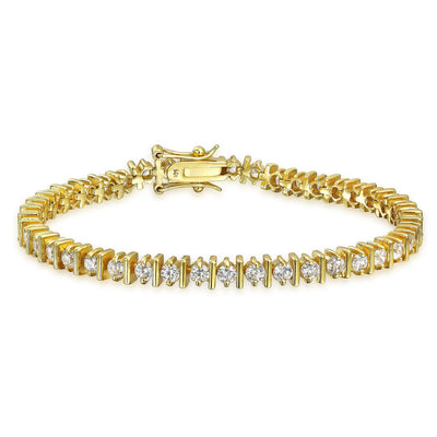 Round CZ Tennis Bracelet & Solitaire Stud Earrings Set Gold Plated Silver