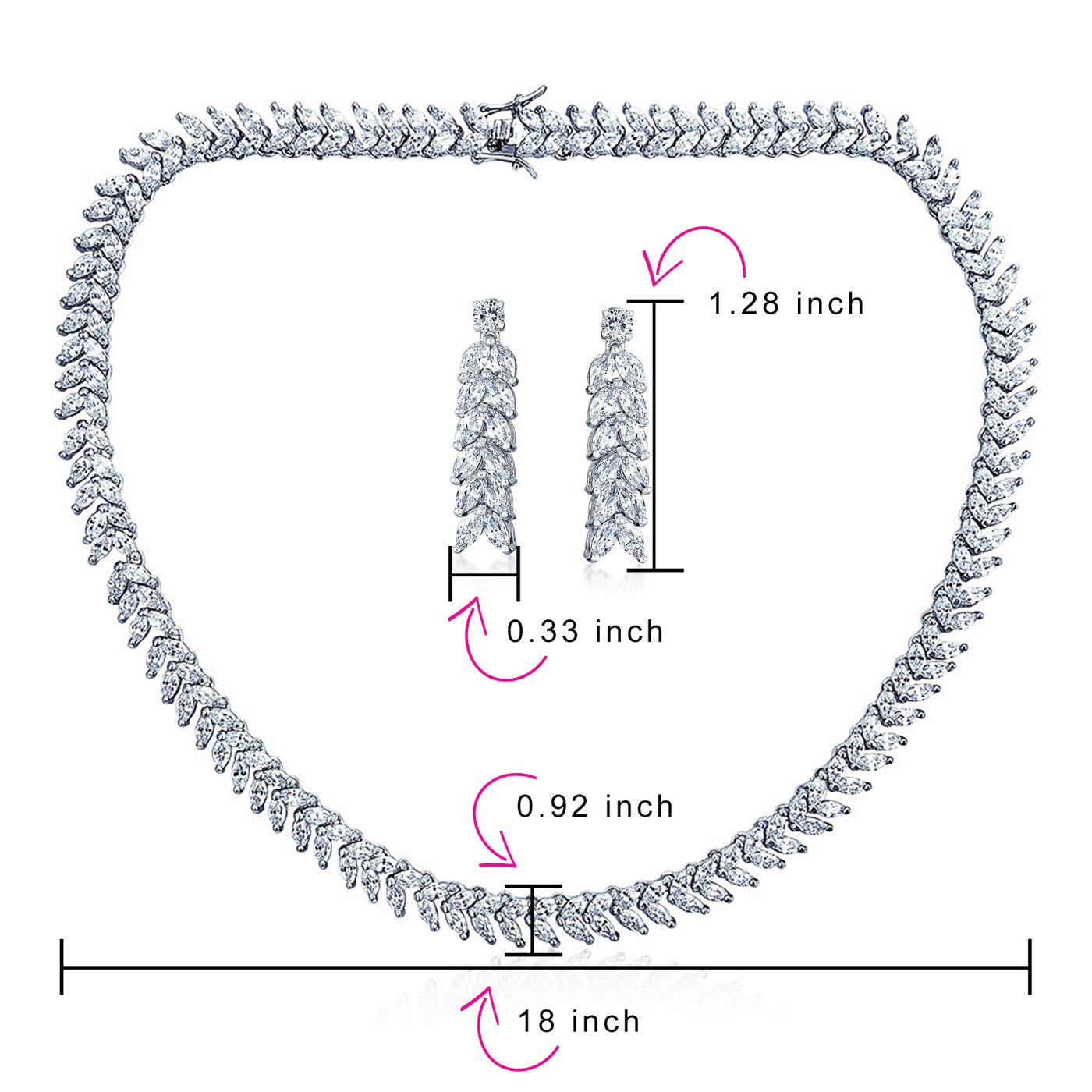 Art Deco Marquise CZ Collar Tennis Necklace & Dangle Earrings Set Silver Plated