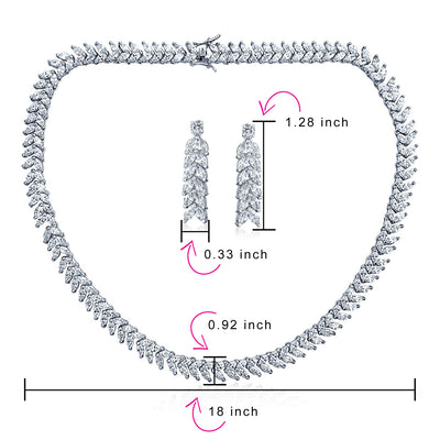 Art Deco Marquise CZ Collar Tennis Necklace & Dangle Earrings Set Silver Plated