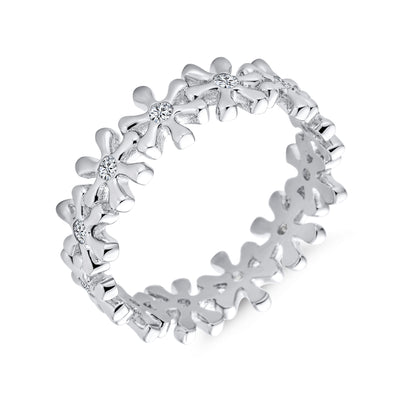 Accent CZ Flower Eternity Wedding Band Ring .925Sterling Silver