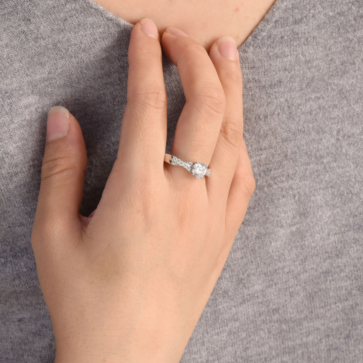 Round 2CT Solitaire Pave CZ Twist Infinity Engagement Ring Sterling Silver