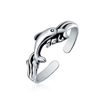 Set of 2 Nautical Beach Clam Shell and Dolphin Midi Toe Ring Oxidized Silver