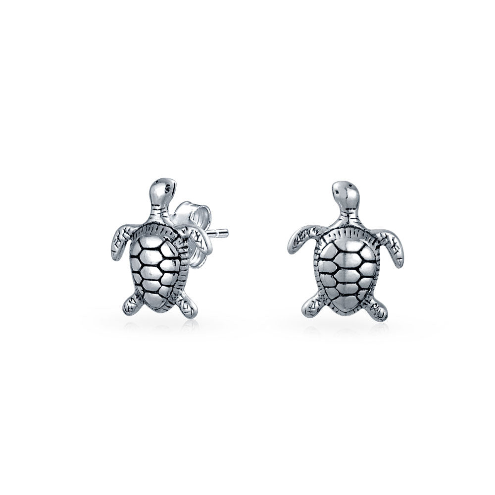 Tiny Nautical Sea Turtle Pendant Necklace & Stud Earrings Set Sterling Silver