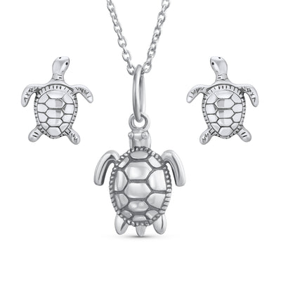 Tiny Nautical Sea Turtle Pendant Necklace & Stud Earrings Set Sterling Silver