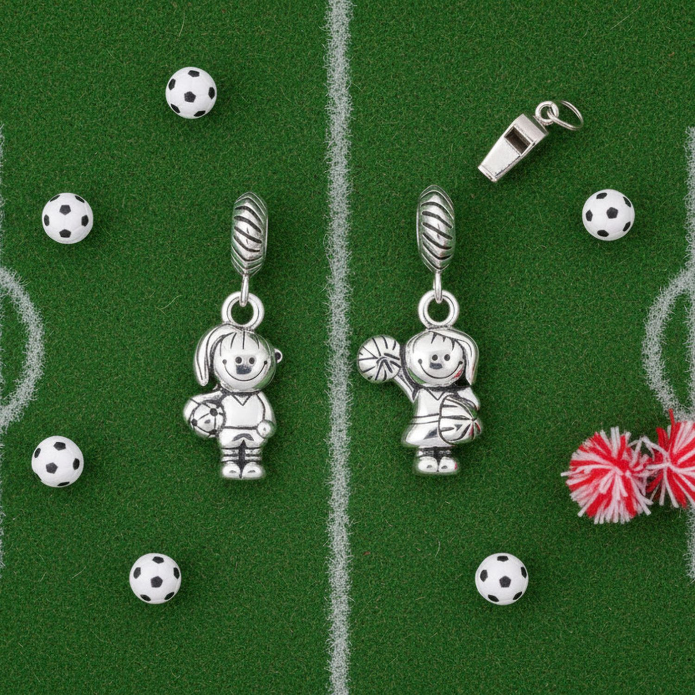 Set of 2 Cheerleader & Soccer Player Dangle Charm Bead Sterling Silver