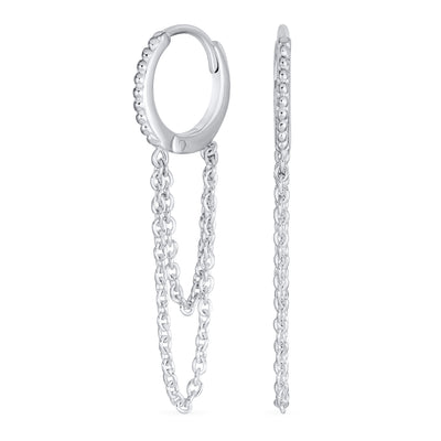 Trendy Dainty CZ Hoop Earrings with Pave Accent and Double Chain Sterling Silver