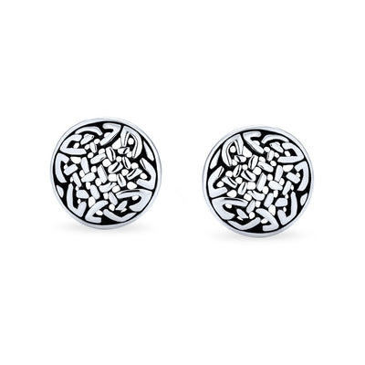 Set of 2 Small Floral Medallion Shield Celtic Knot Stud Earrings Oxidized Silver