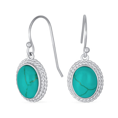 Set of 2 Western Cable Edge Oval Turquoise & Onyx Drop Earrings Sterling Silver