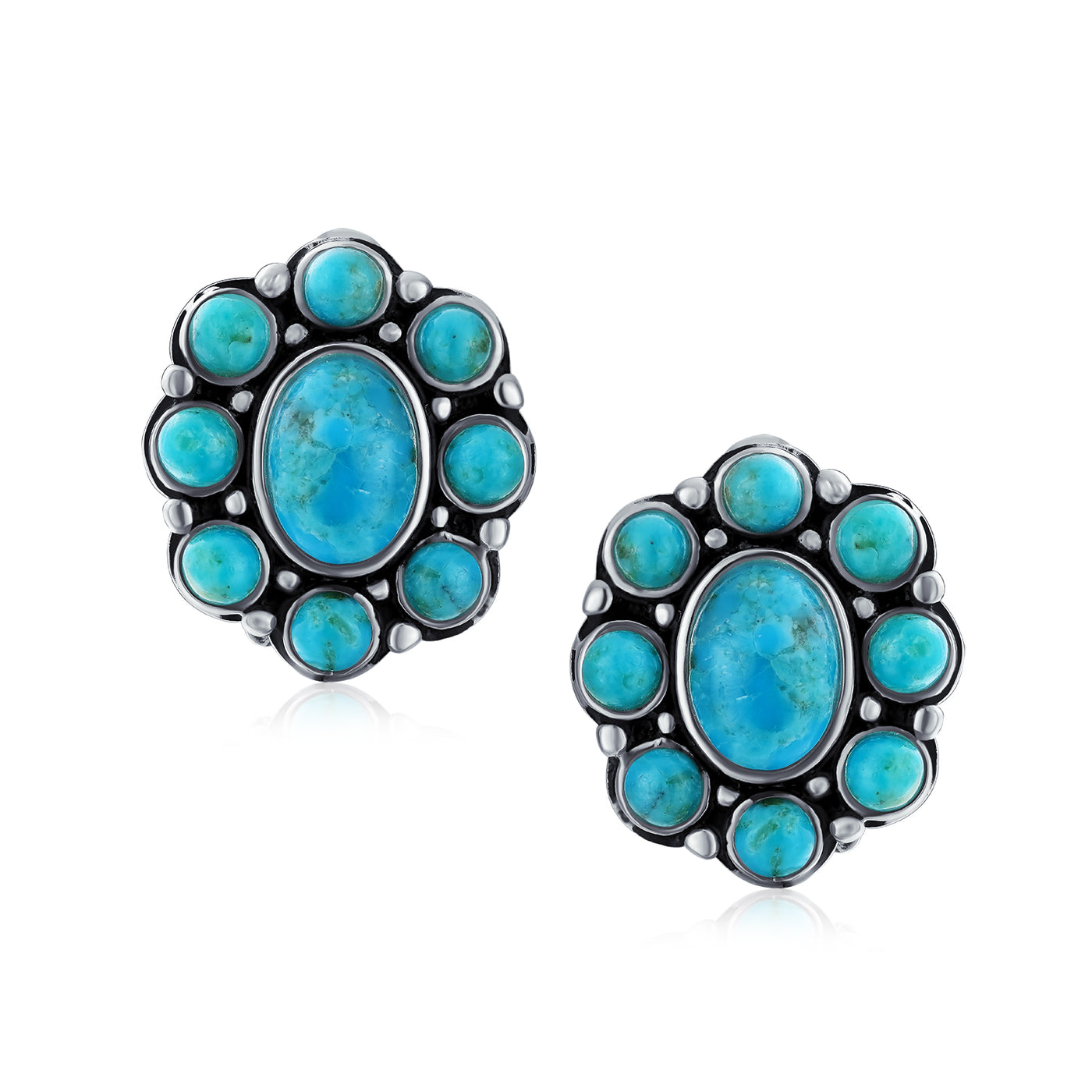 Set of 2 Turquoise & Multicolor Gemstones Clip-On Earrings Sterling Silver