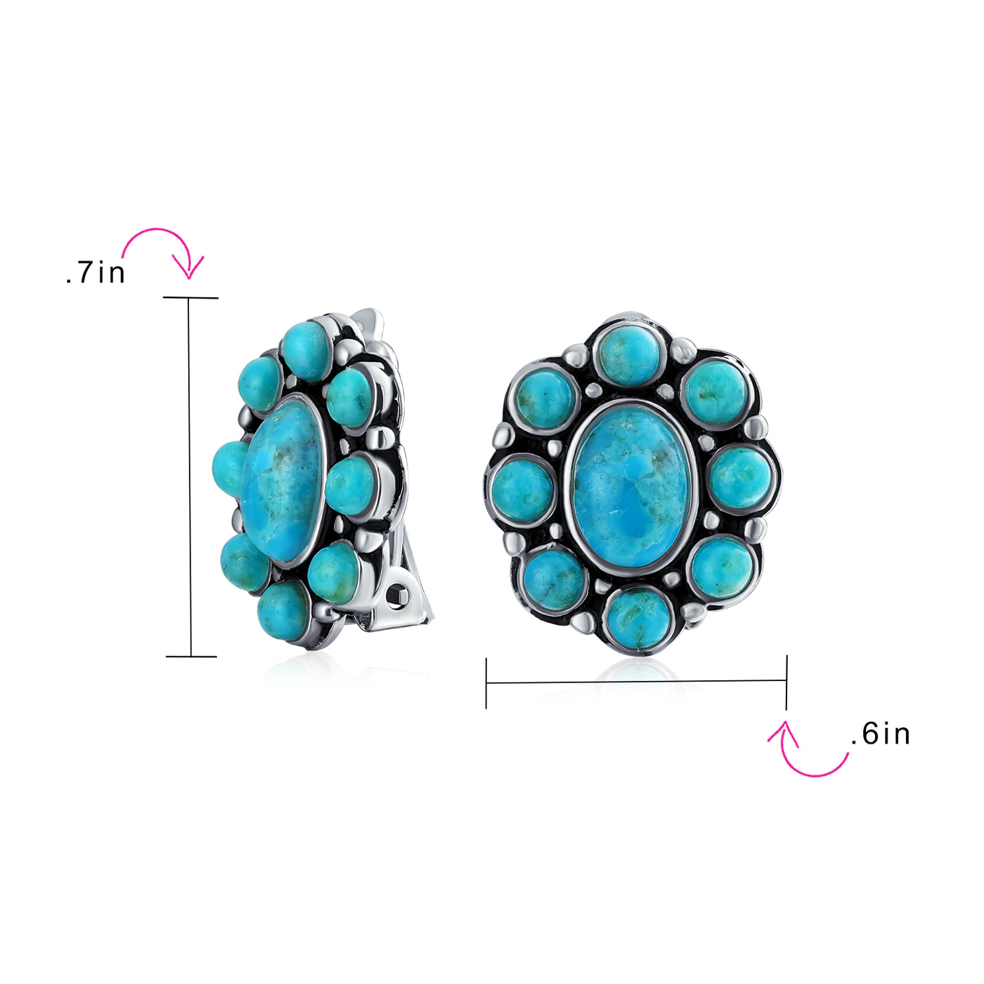 Set of 2 Turquoise & Multicolor Gemstones Clip-On Earrings Sterling Silver