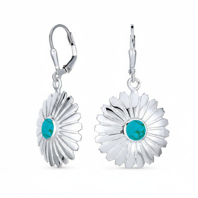 Set of 2 Turquoise Concho Flower & Infinity Teardrop Dangle Earrings Silver