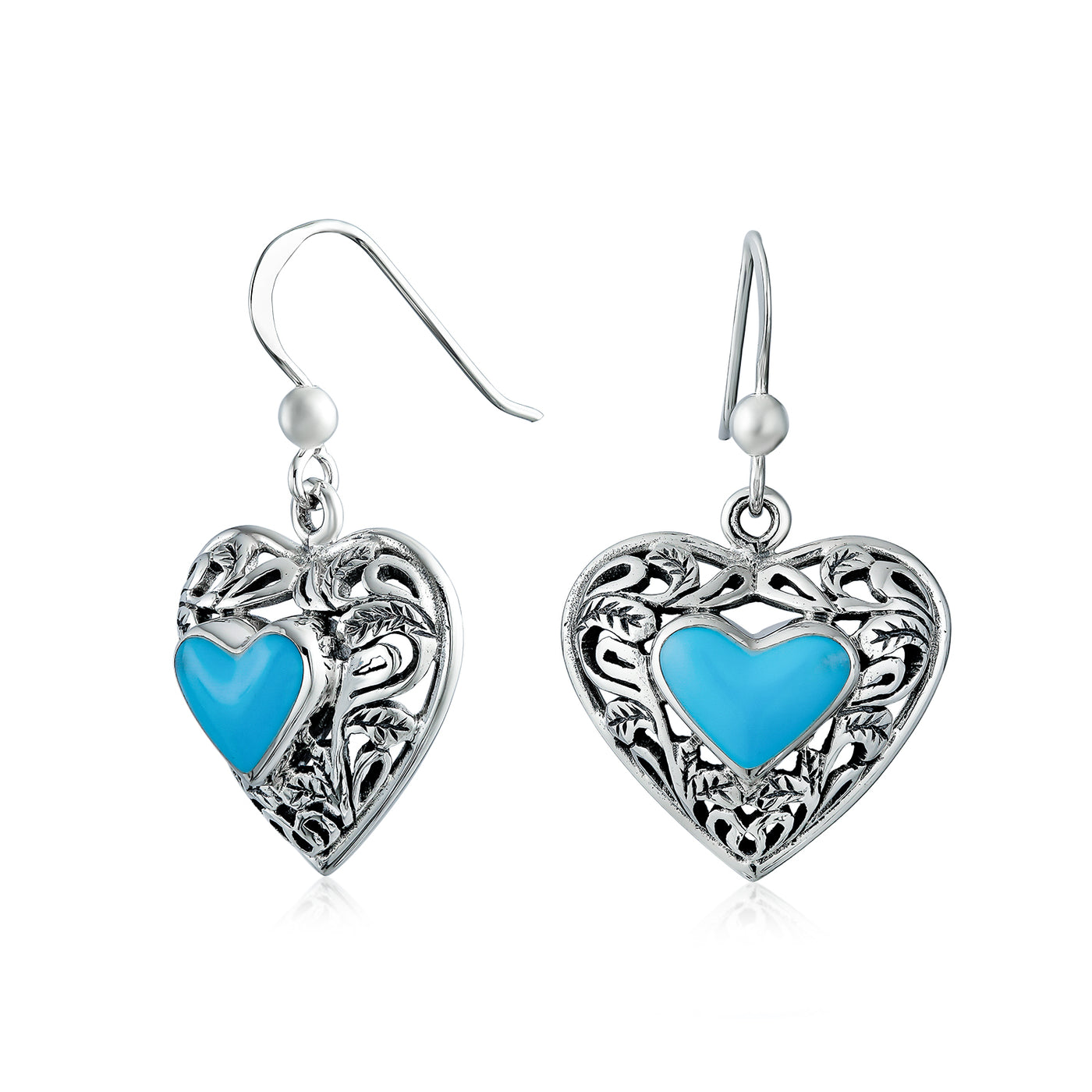 Set of 2 Boho Blue Turquoise Gemstone Arrowhead & Heart Earrings Sterling Silver