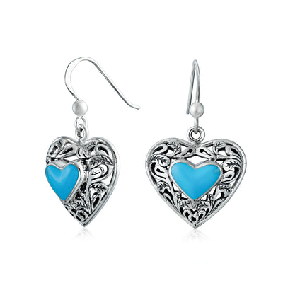 Set of 2 Boho Blue Turquoise Gemstone Arrowhead & Heart Earrings Sterling Silver