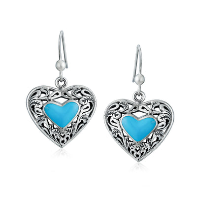 Set of 2 Boho Blue Turquoise Gemstone Arrowhead & Heart Earrings Sterling Silver