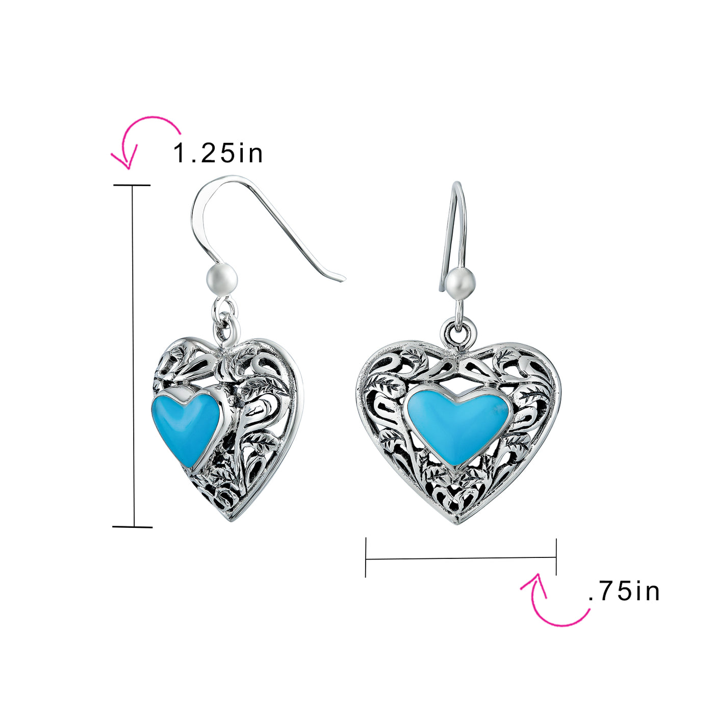 Set of 2 Boho Blue Turquoise Gemstone Arrowhead & Heart Earrings Sterling Silver