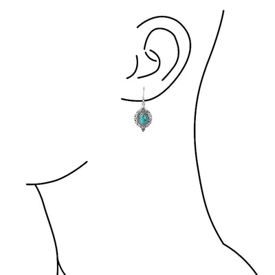 Western Style Oval Filigree Blue Turquoise Gemstone Dangle Earrings Silver