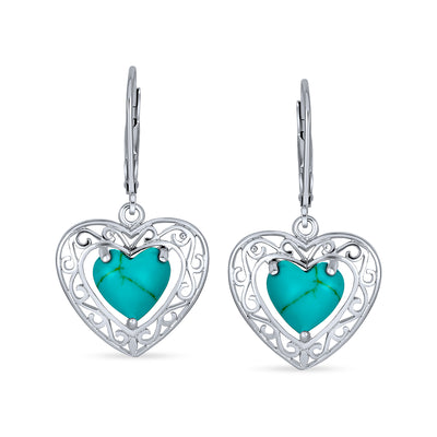 Turquoise Heart Shape Drop Earrings Scroll Filigree Sterling Silver