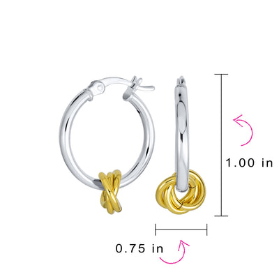 Two Tone Love Knot Hoop Earrings Gold Plated .925Sterling Silver 1"