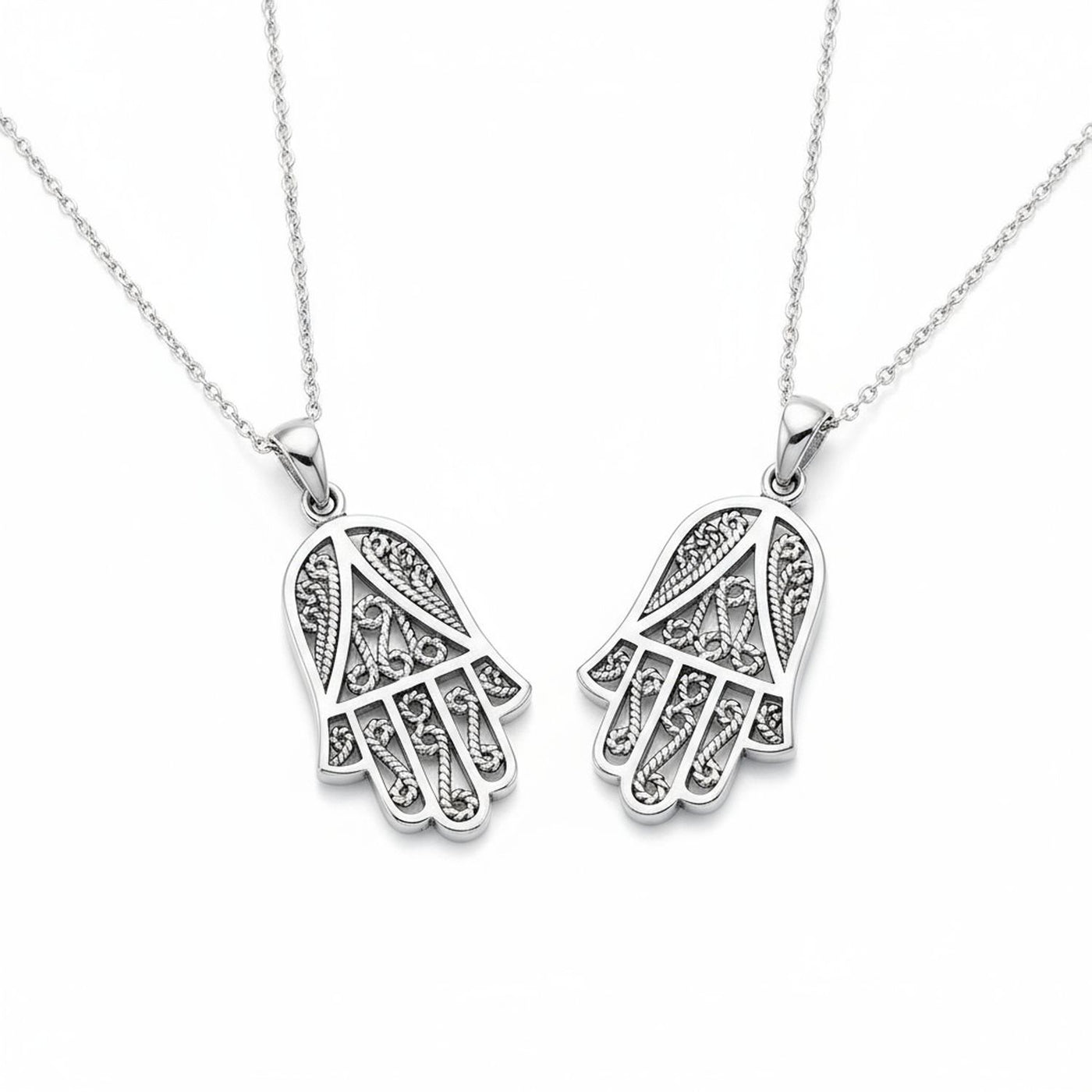Set of 2 Yoga Filigree Hamsa Pendant Necklace Sterling Silver Hand of God Amulet