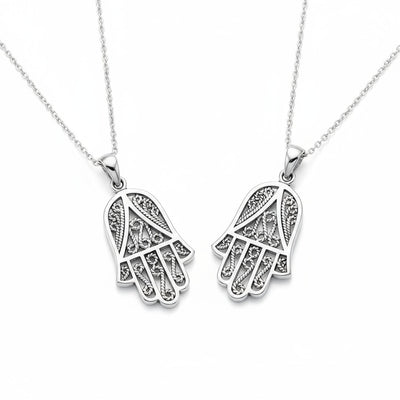 Set of 2 Yoga Filigree Hamsa Pendant Necklace Sterling Silver Hand of God Amulet