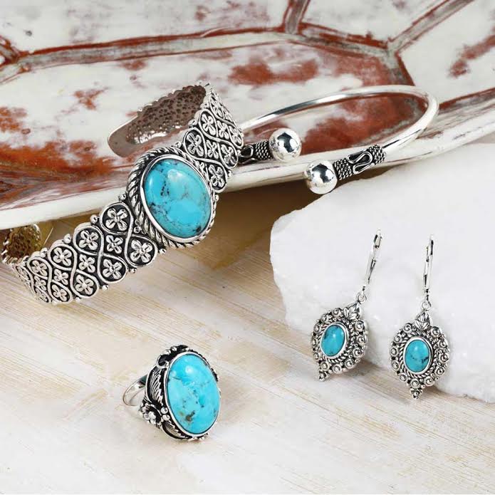 Western Style Oval Filigree Blue Turquoise Gemstone Dangle Earrings Silver