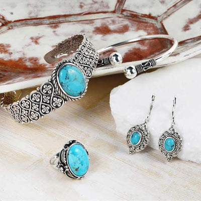 Western Style Oval Filigree Blue Turquoise Gemstone Dangle Earrings Silver