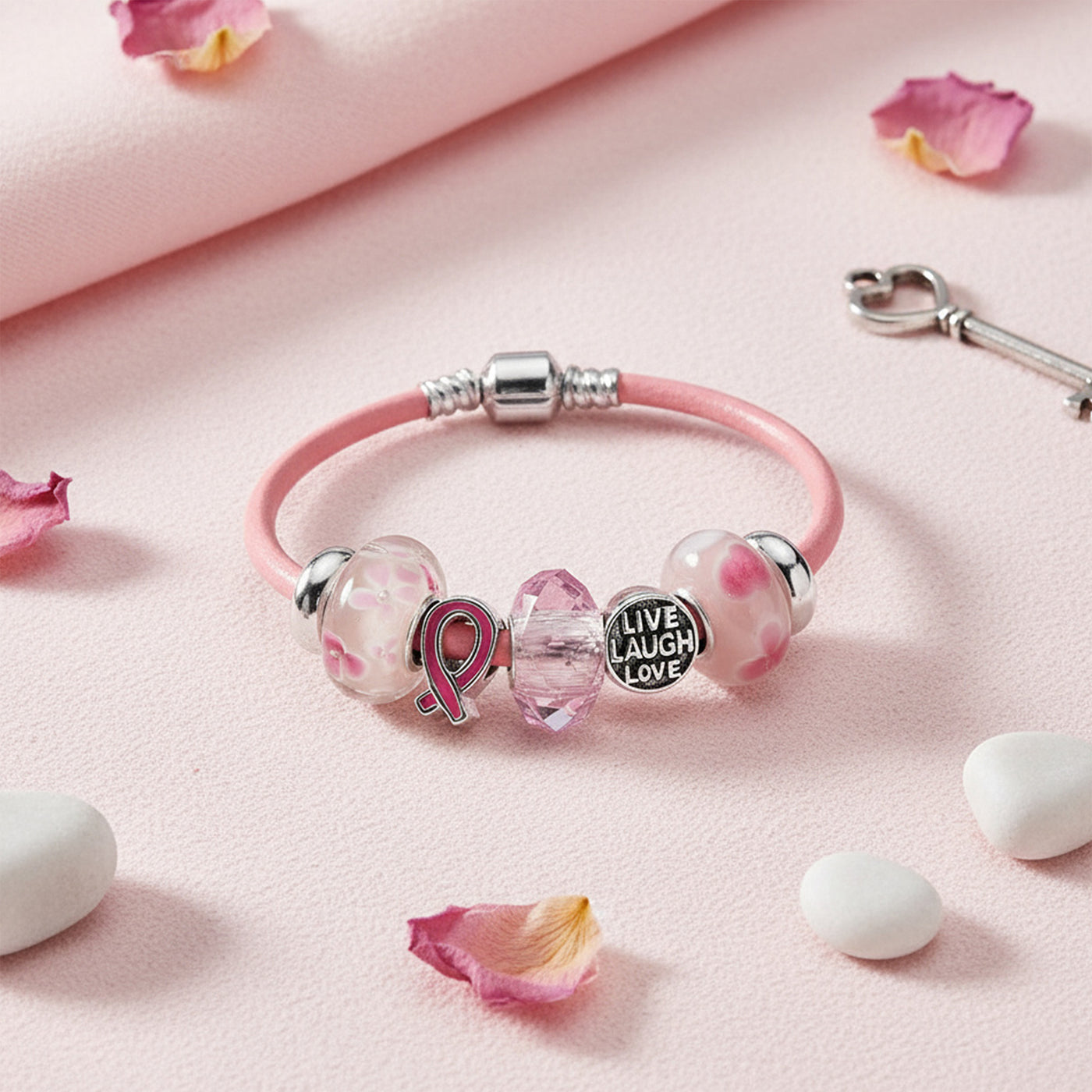 Live Love Laugh Breast Cancer Survivor Pink Ribbon Charm Leather Bracelet Sterling Silver