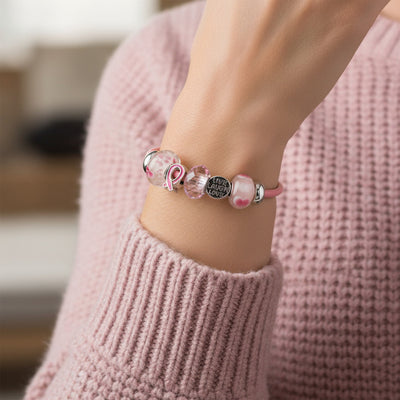 Live Love Laugh Breast Cancer Survivor Pink Ribbon Charm Leather Bracelet Sterling Silver