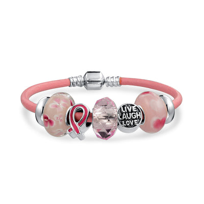 Live Love Laugh Breast Cancer Survivor Pink Ribbon Charm Leather Bracelet Sterling Silver