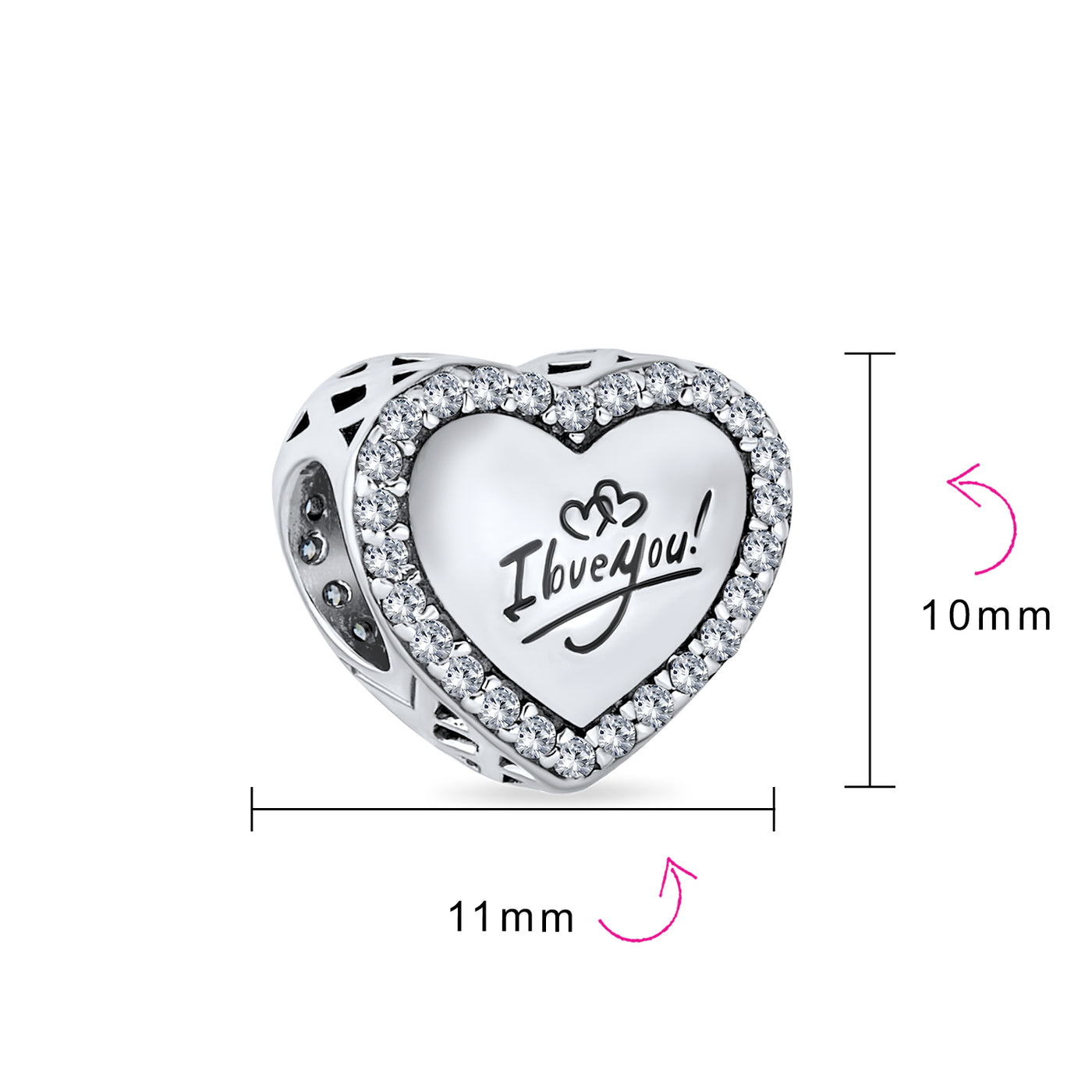 Set of 2 Words I LOVE YOU Crystal Heart & CZ Flower Bead Charm Sterling Silver