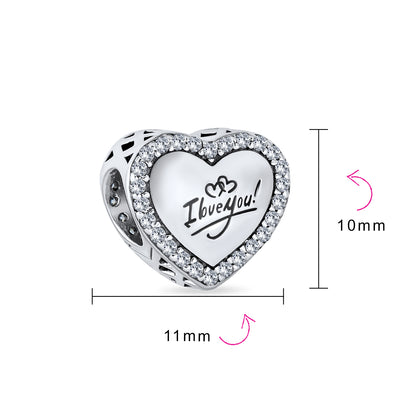 Set of 2 Words I LOVE YOU Crystal Heart & CZ Flower Bead Charm Sterling Silver