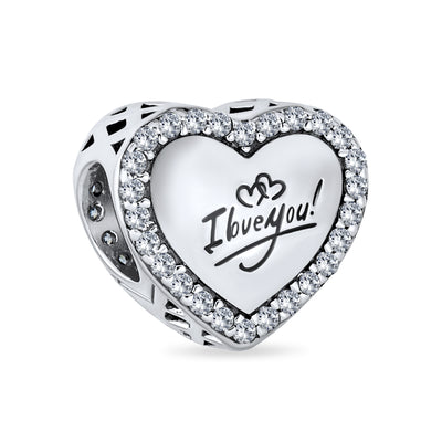 Set of 2 Words I LOVE YOU Crystal Heart & CZ Flower Bead Charm Sterling Silver