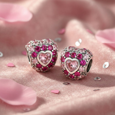 Set of 2 Pink CZ Pave Heart Charm Bead Sterling Silver for European Bracelet