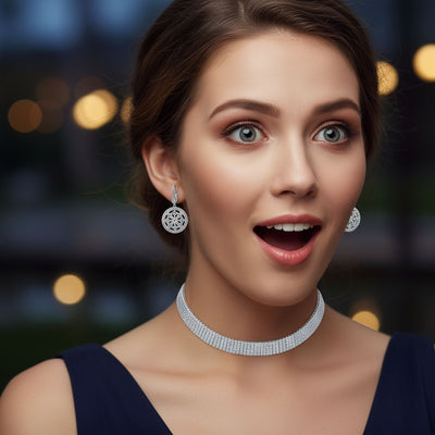 Bridal 5-Row Crystal Choker Necklace & Vintage CZ Compass Dangle Earrings Set