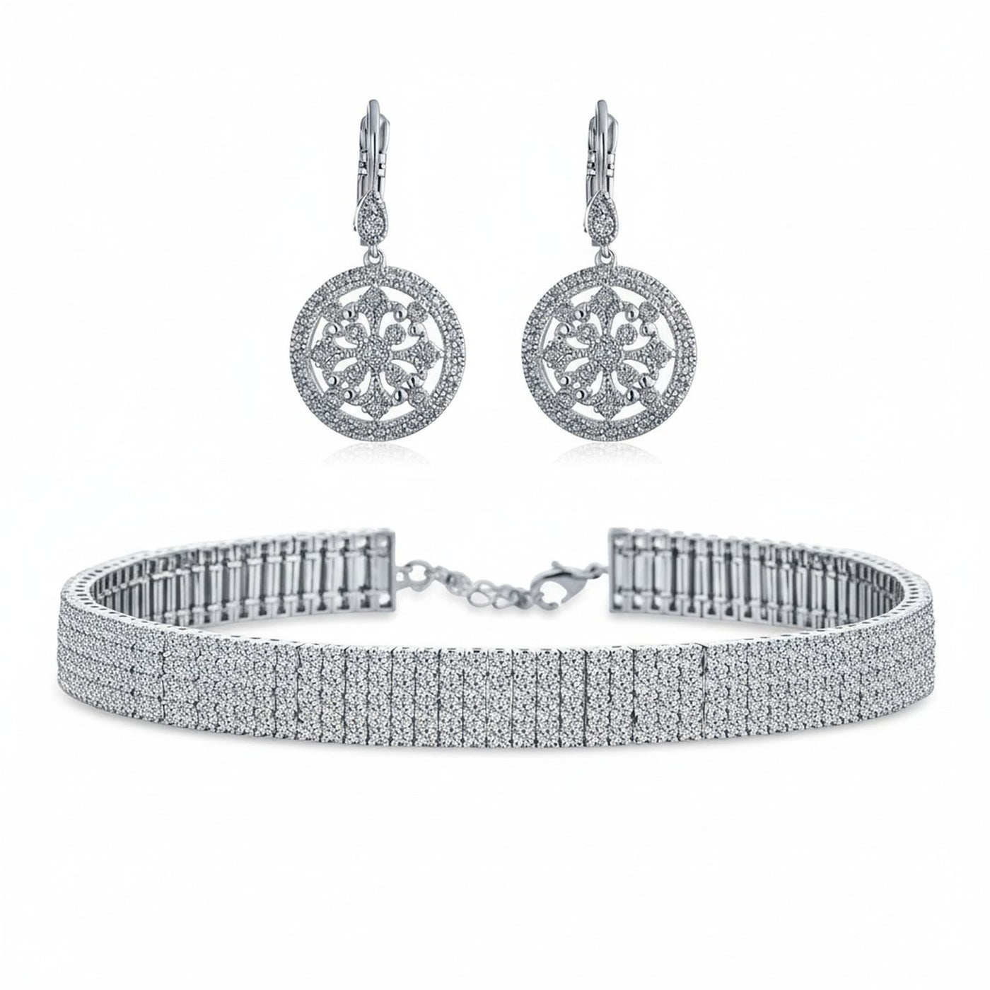 Bridal 5-Row Crystal Choker Necklace & Vintage CZ Compass Dangle Earrings Set